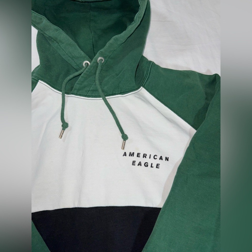 American Eagle Mens Colorblock Hoodie Green White Black Hoodie Pullover Large - Picture 4 of 6